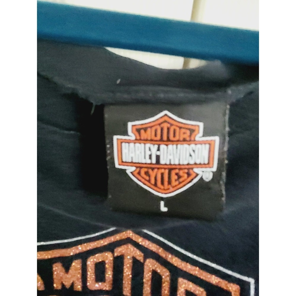 Harley-Davidson Womens L Kokomo Indiana Ruched Shoulder Tank Top Black 2008 - Picture 10 of 11